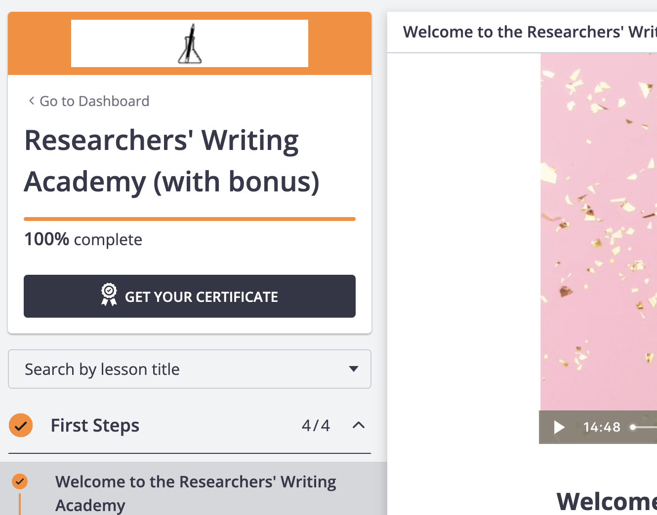 Screenshot of the Researchers' Writing Academy course on Thinkific completed to 100%
